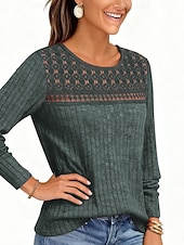 olcso Egyszerű póló-Női Ribos kötött topok Póló Fűzőlyuk Szüret Alkalmi Hosszú ujj Terített nyak Kerek Normál felsők Napi Alkalmi Hétvége Medence Gesztenyebarna Fekete Bor Katonai zöld Tavasz Ősz