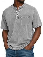 billige Uformell Henley T-skjorte-Herre Henly-skjorte 100% bomullssyre-vaskeskjorte T-skjorte T-skjorte Kortermet Ensfarget Retro / vintage Fritid Lomme Gammeldags stil Vasket Henley Avslappet Sommer Vår Høst Svart Rosa Lysegrønn