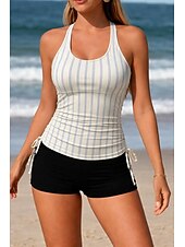 tanie Tankini-Damskie Stroje kąpielowe Tankini 2 szt Krótkie spodnie Kostium kąpielowy Wyszczuplenie brzucha Wysoka talia Szczupła Odkryte plecy Urlop Stroje plażowe Prążki Dekolt w kształcie litery U Bez rękawów
