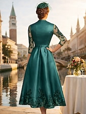 voordelige Thee Lengte-A-lijn Over de knie Feestjurk Cocktail jurk Bruiloft gast jurk Moeder van de bruid jurk 3/4 mouw V-hals Elegant Vintage Formeel Satijn met Kant Effen kleur