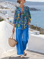 cheap Women's Blouse Suits-Women's Two Piece Sets Linen Like Pants Sets Bolero Top 3/4 Length Sleeve V Neck Floral Graphic Paisley Print Daily Stylish Casual Daily Vacation Blue Yellow Purple Summer Regular Fit