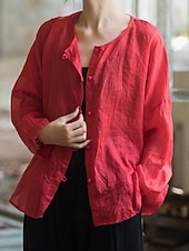 baratos Coleção de Linho Premium-Camisa feminina 100% linho, blusa com botões, lisa, estilo vintage, manga longa, gola redonda, tops regulares para uso diário, férias, sair, nas cores preto, rosa, vermelho e verde, para verão e primavera.