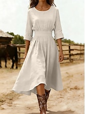 お買い得  シンプルなドレス-女性用 ミディドレス A ラインドレス 旅行度假风 カジュアル レギュラー 平織り 七分袖 クルーネック ブルー ブラック ピンク ネイビーブルー 夏 春 秋