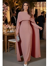 billige Ballkjoler Kveldsdrakter-Linjeform Gulvlengde Formell kjole Aftenkjole Kappekjole Ballkjole med kappe Elegant Langermet Crew-hals Bryllup Formell Cape med Perledetaljer Sjal