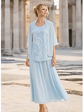 cheap Mom's Dress Sets-3 Piece Tea Length Midi Dress Mother of the Bride Dress Long Sleeve Scoop Neck Elegant Vintage Formal Wedding Guest Semi Formal Chiffon Jacquard Wrap Included with Cape Flower