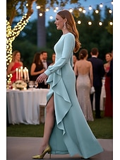 abordables Sheath Evening Dresses-Sheath Column Floor Length Formal Dresses Evening Gown Prom Dresses Evening Gown Ball Gown Formal Dress Elegant High Split Long Sleeve Boat Neck Wedding Formal with Ruched Ruffles Slit