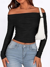 tanie gładka koszulka-Damskie Podkoszulek Koszulka Jednokolorowe Elegancja Moda Elegancki Długi rękaw Z odsłoniętymi ramionami Zwykłe topy Codzienny Wyjściowe Weekend Czarny Biały Rumiany róż Zieleń wojskowa Czerwony