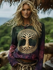 economico T-shirt Boho-Per donna Camicia Boho Maglietta Stampato Grafico Bohemien Vintage Casual Manica Lunga Girocollo Top Regolari Quotidiano Weekend Abbigliamento da vacanza Verde Estate Primavera Autunno