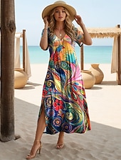 preiswerte Kunst &amp; Design Kleider-Damen Midikleid A Linie Kleid Lässig Täglich Normale Passform Blumen Abstrakt Kurzarm V Ausschnitt Schwarz Weiß Leicht Braun Orange Sommer Frühling