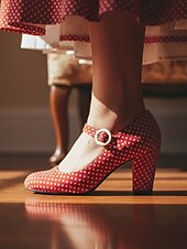 levne Retro styl 50. let-Dámské vintage puntíkované lodičky Mary Jane z 50. let - retro rockabilly boty s kulatou špičkou a robustním podpatkem na středním podpatku na letní dovolenou &amp;večírky