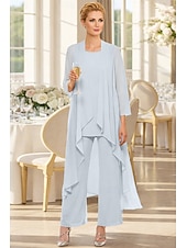 voordelige Broekpakken van mama-3-delig pak Tot de grond Moeder van de bruid jurk Mouwloos Nek boot Elegant Grote maten Bruiloft gast Chiffon Wrap inbegrepen met Effen kleur