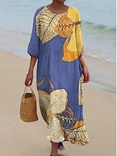 Χαμηλού Κόστους Floral φορέματα-Γυναικείο Μακρύ Φόρεμα Λινάρι Τόσο Αναπνεύσιμη Ελαφριά Σαλοπέτα Άμεσου Στυλ Καλοκαιρινό Φόρεμα Διακοπών Καθημερινό Μποχό Παραλία Διακοπές 3/4 Μανίκι Λαιμός Φαρέτρα