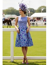 abordables Longitud del té-Corte A Hasta la Rodilla Vestido Derby Vestimenta formal Elegante Sin Mangas Cuello Barco Formal El derby de Kentucky con Bloque de Color