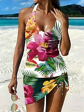 billige Onepiece badedrakter-Dame Badetøy Tankini 2 stk Skjørt Badedrakt Snorer Elegant Ferie Blomstret Øsehals Ermeløs Badedrakter