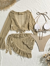 cheap 3 Pieces Bikini Set-Women's Swimwear Bikini Three Piece Cheeky Swimsuit Slim Backless Vacation Beach Wear Solid Color Halter Neck Sleeveless Long Sleeve Bathing Suits