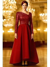 baratos Vestidos de Festa em A-A-Line Asymmetrical Floor Length Evening Gown Ball Gown Formal Dress Elegant Glittering Silky Long Sleeve One Shoulder Wedding Formal Pocket Satin with Glitter Shawl