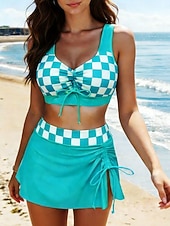 levne Tankiny-Dámské Plavky Bikiny 2 ks Sukně Plavky Zaštíhlující Vysoký pas Štíhlý Volná záda prázdniny Vinobraní Grafika Pléd Kopeček Bez rukávů Plavky