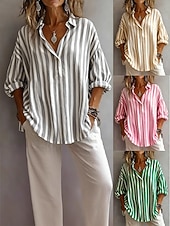 Недорогие Простые блузки-Жен. Поповер Рубашка Повседневная рубашка Блуза Графика Полоски Элегантный стиль Отпуск Стиль Длинный рукав Отложной Обычные топы Повседневные на открытом воздухе Офис Желтый Розовый Зеленый Серый