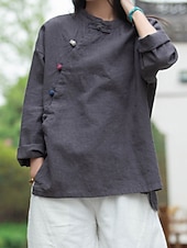economico Collezione di Lino Premium-Camicia da donna a maniche lunghe con colletto alla coreana in lino biologico
