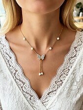olcso Női nyaklánc-Női ötvözet műgyöngyös pillangós nyaklánc, finom Y-láncos kialakítás, arany és ezüst árnyalatok, elegáns minimalista stílus, tökéletes mindennapi viseletre, hétköznapi öltözékekhez és rétegezéshez