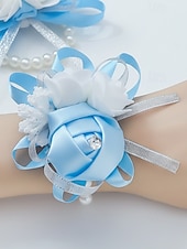 abordables Boda ACC-Ramillete de muñeca de rosas para mujer, flor de cinta de poliéster con pulsera elástica de perlas falsas, varios colores, accesorio elegante para damas de honor y novias para bodas, bailes de graduación y eventos formales.