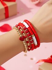 お買い得  レディースブレスレット-女性用ボヘミアンアクリルビーズブレスレットセット、ハートチャーム付きマルチカラーストレッチバングル、バレンタインデーのギフトや普段使いに最適な軽量重ね付け可能なブレスレット