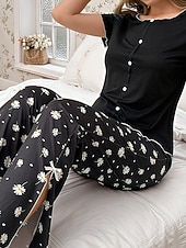 preiswerte Damen Schlafoberteile und -unterteile-Damen Schlafanzug Set Lässig Komfort Blumen Einfarbig Elastischer Bund Hose Täglich Heim Langarm V Ausschnitt Schwarz Weiß Purpur Grau Sommer Frühling Normale Passform