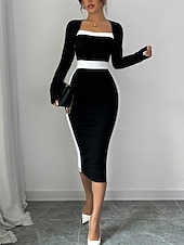 billige midi sort kjole-Dame Midikjole Bodycon kjole Semiformelle kjoler Kontor Normal Fargeblokk Langermet Firkantet hals Svart Navyblå Vår Høst