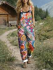 abordables Mono Floral-Women's Dungarees Active Floral Sleeveless Straight with Pocket Daily Vacation Loose Fit Blue Yellow Red Summer