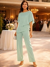 economico Tailleur pantalone della mamma-Due Pezzi Lunghezza al pavimento Abito da cerimonia per signora Manica Corta Collo gioiello Elegante Petite Ospite di nozze Chiffon con Arricciato