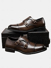 baratos Sapatos de monge-Sapatos sociais masculinos de couro sintético marrom com tira dupla de monge e detalhes brogue, estilo clássico para casamento, uso formal e empresarial