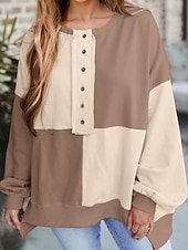 Недорогие Простые худи-Жен. Pullover Толстовки Пэчворк Пуговицы Контрастных цветов Мода Классика Современное Длинный рукав Вырез под горло Обычные топы Для улицы На каждый день Синий Черный Розовый Небесно-голубой Зеленый