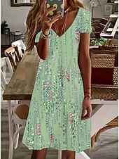 voordelige Bloemenjurken-Dames Mini-jurk Zonnejurk T shirt jurk A lijn jurk Vakantie Casual Boho Strand Uitgaan Normale pasvorm Bloemig Grafisch Korte mouw V-hals Groen Zomer Lente