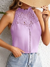 Недорогие Кружевные топы-Жен. Кружевной топ Блуза Кружева Пэчворк Сплошной цвет Полотняное плетение Стиль Современное На каждый день Без рукавов Вырез под горло НАЙКА НЕКО Обычные топы Повседневные Праздники На выход