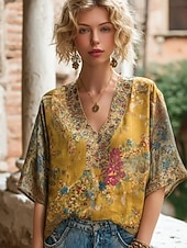  T-Shirt Boho από λινό για γυναίκες λουλουδάτο γραφικό σχέδιο φυτά vintage στιλάτο κλασικό κοντομάνικο V λαιμόκοψη κανονικά επάνω καθημερινές διακοπές εκτύπωση μπλε κίτρινο καλοκαίρι άνοιξη