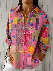 economico Bluse Floreali-Camicia da donna in lino come traspirante leggera floreale grafica geometrica elegante vintage tropicale a maniche lunghe colletto top regolari da indossare quotidianamente lavoro bottoni stampa rosa