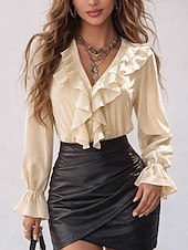 abordables Blouses Unies-Femmes Chemise Décontractée Chemise Boutonnée Chemisier A Volants Couleur Unie Élégant Occasionnel manche longue Col en V Hauts Réguliers Quotidien Extérieur Fête Abricot Printemps Automne