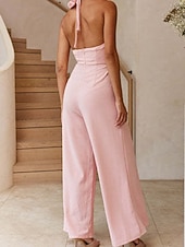 billige Jumpsuits-Dame Normal Kjeledresser Elegant Helfarge Ermeløs Bred Bukseben Grimehals Åpen rygg Daglig Feriereise Løstsittende Hvit Lysegrønn Rosa Sommer