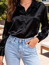 Недорогие Простые блузки-Жен. Рубашка Блуза Нарядные Топы Рюши Пэчворк Пуговицы Сплошной цвет Полотняное плетение Элегантный стиль Винтаж Дамы Длинный рукав Рубашечный воротник Обычные топы Повседневные Офис Праздники