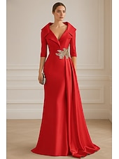 abordables Vestidos de gala-Vestido de Noche A-Line Azul Negro Elegante Vestido Formal de Boda Largo de Piso de Manga Media con Solapa de Saten Elástico y Pliegues