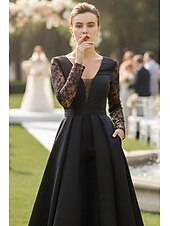 cheap Mom's Jumpsuits-Jumpsuits Floor Length Mother of the Bride Dress Long Sleeve Plunging Neck Elegant Formal Wedding Guest Satin with Lace