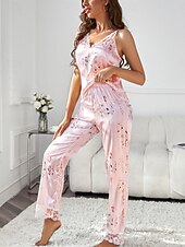 cheap Women's Sleep Tops &amp; Bottoms-Women's Pajama Set Casual Comfort Floral Stripe Elastic Waist Pant Daily Home Sleeveless Halter Neck Pink Summer Spring Regular Fit