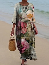 baratos Vestidos Florais-Mulheres Vestido Longo Vestido de turno Vestidos Para o Verão Vestido A Line Férias Casual Boho Praia Para Noite Ajuste Largo Floral Gráfico Manga 3/4 Crewneck Folha cáqui Arco-íris Verão Primavera