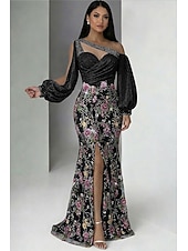  Mermaid Trumpet Floor Length Beaded Eembroidered Formal Dresses Mother of the Bride Dress Prom Dresses Evening Gown Formal Dress Elegant Glittering Celebrity Style Long Sleeve One Shoulder Garden