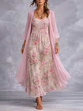preiswerte Boho Kleid-Damen Kleid-Set A Linie Kleid Urlaub Boho Blumen Grafik Geschichtet Druck Maxikleid Dreiviertelarm V Ausschnitt Strand Blau Rosa Purpur Sommer Frühling Normale Passform