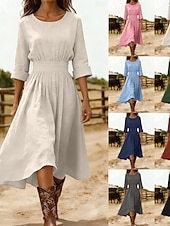 お買い得  シンプルなドレス-女性用 ミディドレス A ラインドレス 旅行度假风 カジュアル レギュラー 平織り 七分袖 クルーネック ブルー ブラック ピンク ネイビーブルー 夏 春 秋