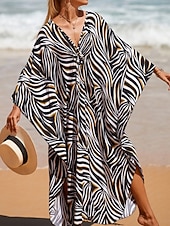 tanie Sukienki w paski i geometryczne-Damskie Sukienka maxi sukienka plażowa Codzienne sukienki Sukienka Boho Cover Up Elegancja Moda Nowoczesny Na zewnątrz Plaża Urlop Luźna Prążki Krótki rękaw W serek Niebieski Czarny Biały Rumiany róż
