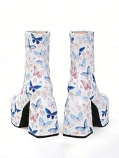 baratos Sapatos femininos-Botas de Tornozelo Plataforma Brancas com Estampa de Borboleta Femininas de Mardi Gras Sapatos Vintage de Salto Chunky para o Festival de Carnaval de Veneza