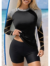 お買い得  サーフィンタンクiniとビキニ-女性用 ラッシュガード水着 ラッシュガード タンキニ水着 勾配 縞柄 2個 取り外し式パッド ボイレグ UVサンプロテクション UPF50+ UVプロテクション 長袖 スイムウェア ラッシュガード サーフィン カヌー ウォータースポーツ 夏