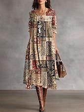 voordelige Strepen- en geometrische jurk-Dames Halflange jurk Hemdjurk Casual Feestdagen Ruim Passend Grafisch Geometrisch Lange mouw Strakke ronde hals Geel Rood Paars Khaki Lente Herfst Winter